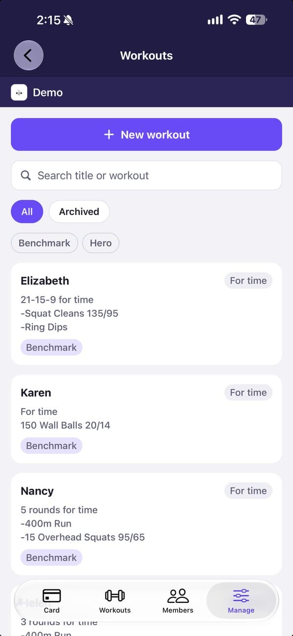 The workout library in the Gimens app