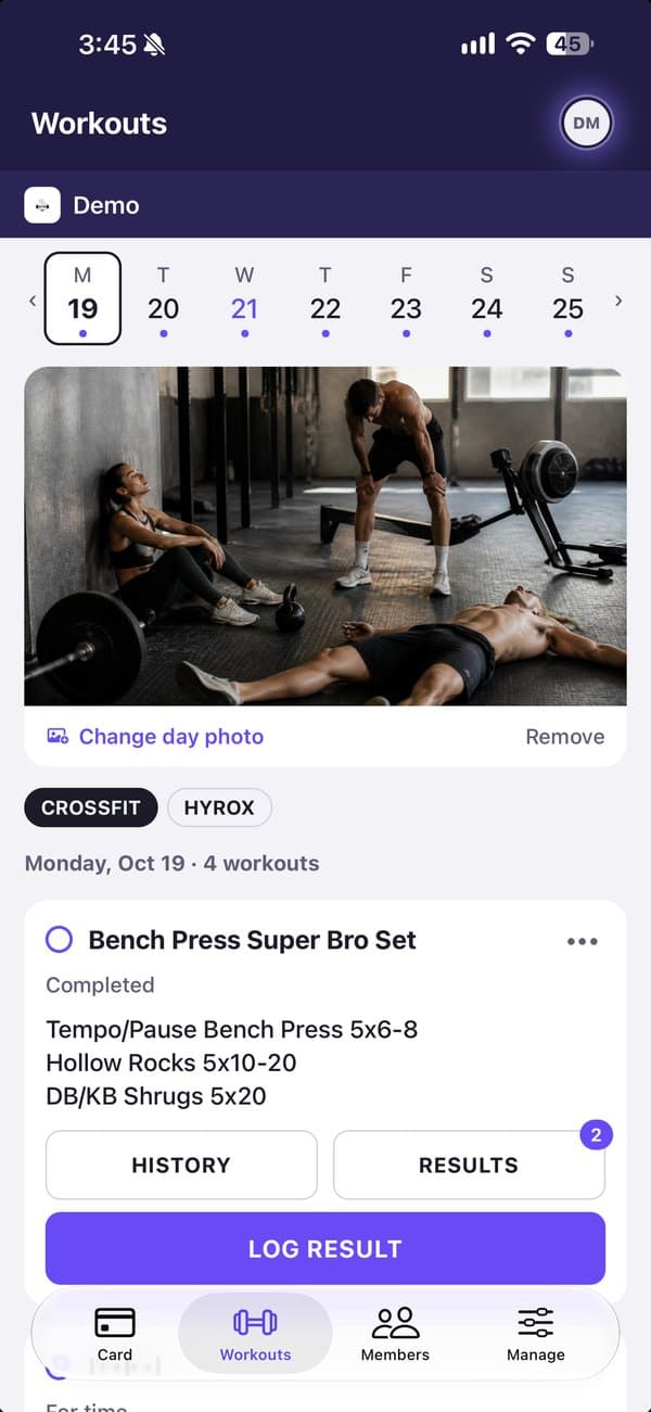 The day's workouts in the Gimens app